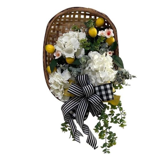 Handmade Wall Decor Tobacco basket lemons hydrangeas greenery‎ - Picture 1 of 5